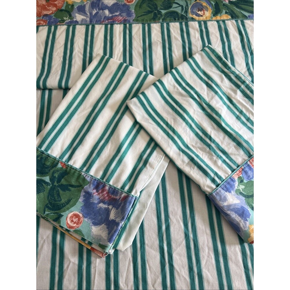 Vintage | Revman | Queen Sheet Set  |  Green Stripes | Floral
